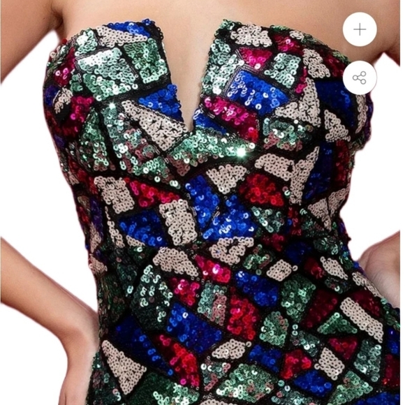 Missord Sexy V-Cut Strapless Sequin Multi Color Mermaid Dress With High Split - Picture 3 of 13